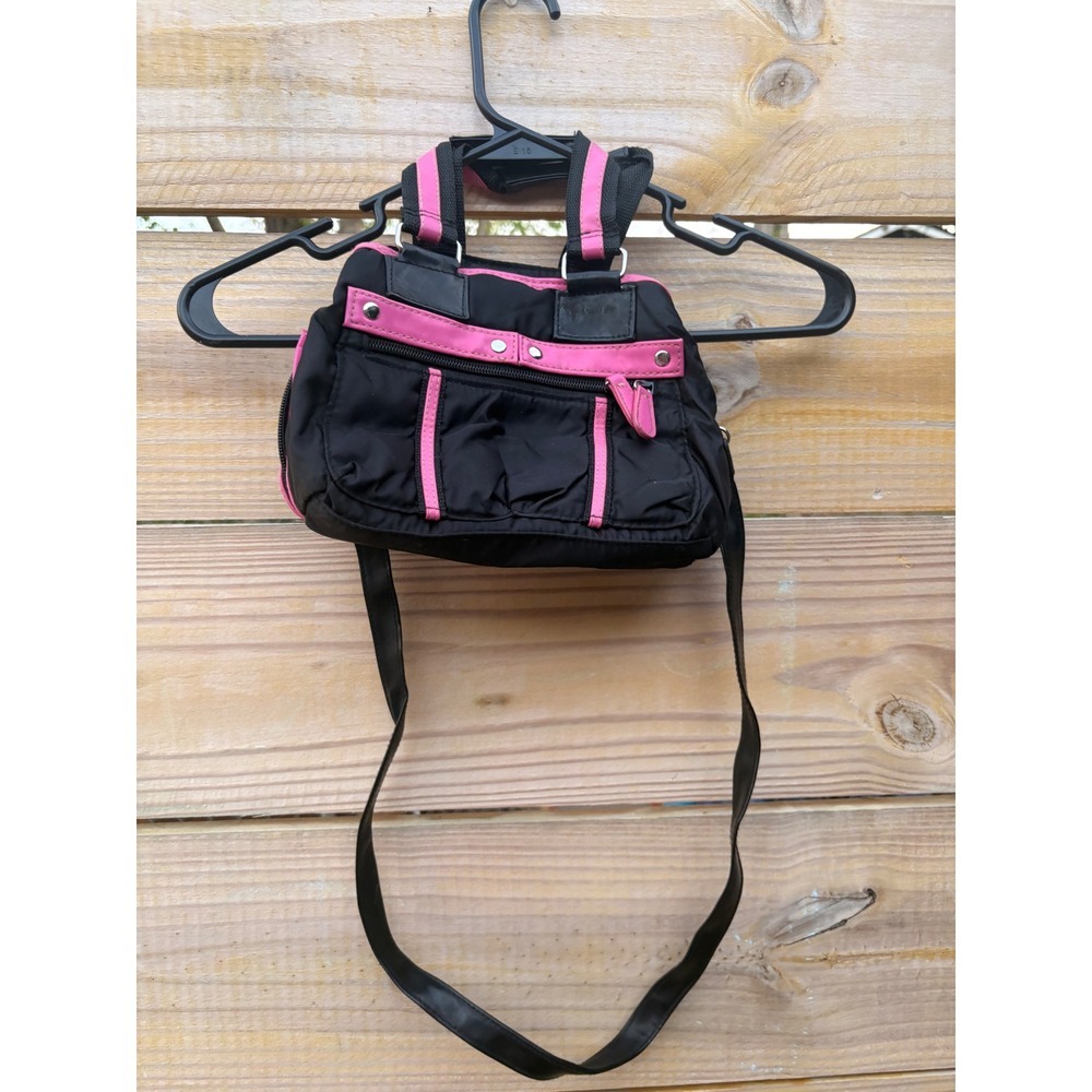 Y2K Black Nylon Mini Crossbody Bag Hot Pink Trim Studded Cyber Utility Small